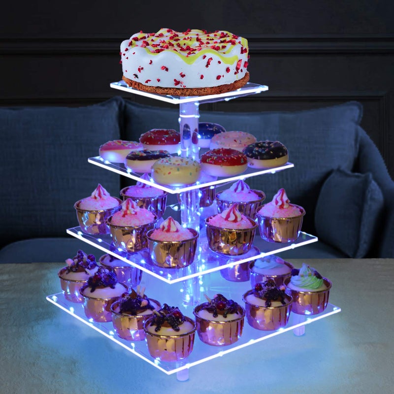 weddingwish Cupcake Stand, 4-Tier Square Acrylic Cupcake Display Stand with LED String Lights Dessert Tower Pastry Stand for Birthday or Wedding Party - Image 3